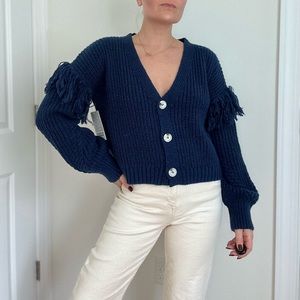 Fringe Trim Heavy Knit V-neck Cardigan